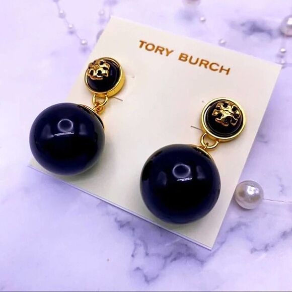 NWOT Tory Burch Gold Logo, Black Enamel Ball Dangle Stud Earings - Picture 6 of 9